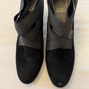 Stuart Weitzman black suede booties, wedge heel, fabric detailing, size 10M